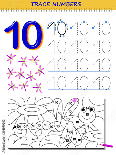 Educational page for kids with number 10. Printable worksheet for children textbook. Developing skills of counting, writing and tracing. Baby coloring book. Back to school. Vector image.