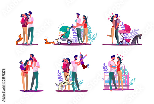 Happy family set. Couple with kids walking, enjoying time together. Flat vector illustrations. Family, love, lifestyle concept for banner, website design or landing web page