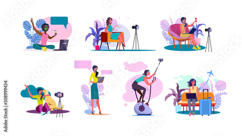 Video blogger set. Women posing and speaking for video camera on vacation, in gym, at home with laptop. Flat vector illustrations. Blogging concept for banner, website design or landing web page