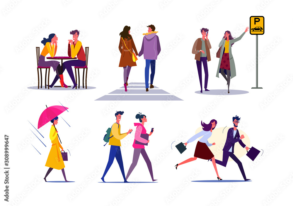 Dating couples set. Couple meeting in cafe, friends walking outside, colleagues running to office. Flat vector illustrations. Relationships concept for banner, website design or landing web page