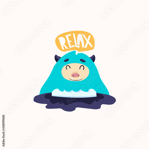 Relax. Cute yeti or bigfoot. Hand drawn vector greeting card. Flat design. Eps 10.