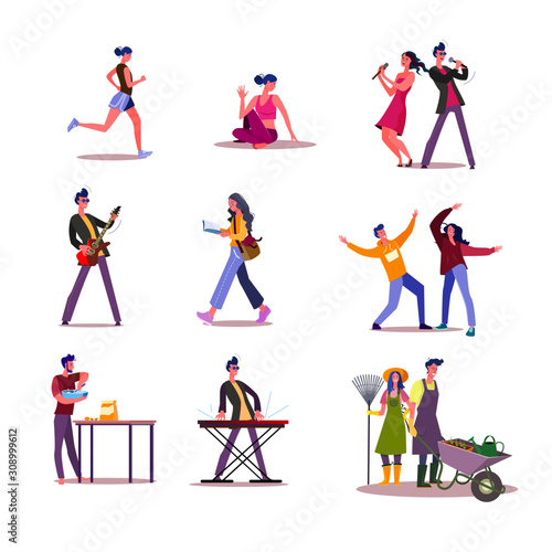 Activity or hobby set. Man and woman doing yoga, playing guitar, dancing, cooking, gardening. Flat vector illustrations. Lifestyle concept for banner, website design or landing web page