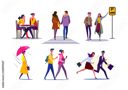 Dating couples set. Couple meeting in cafe, friends walking outside, colleagues running to office. Flat vector illustrations. Relationships concept for banner, website design or landing web page