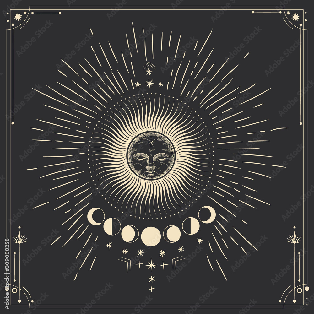 Fototapeta premium Vector illustration set of moon phases. Different stages of moonlight activity in vintage engraving style. Zodiac Signs