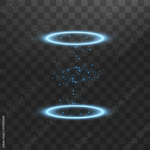 Futuristic teleport. Magic fantasy portal. Light effect. Blue candles rays of a night scene with sparks on a transparent background. Empty light effect of the podium. Disco club dancefloor.