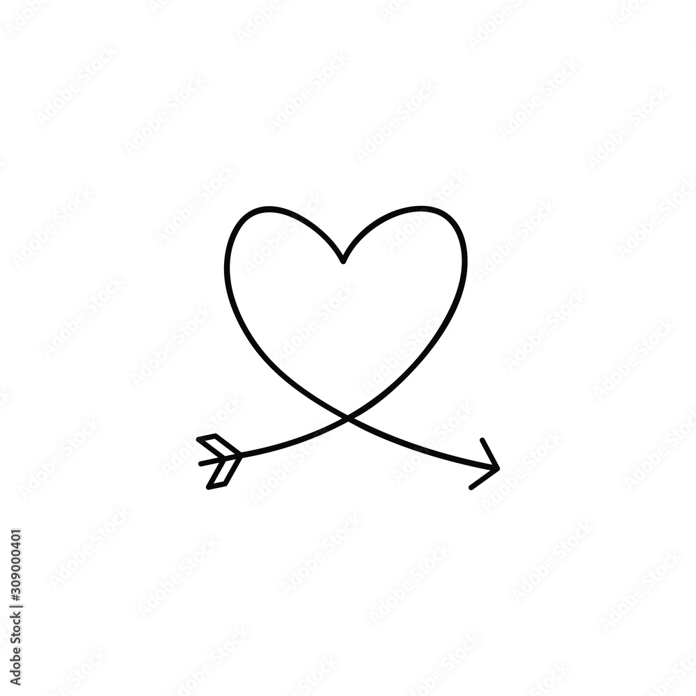 Cupid's arrow in the continuous drawing of lines in the form of a heart in a flat style. Continuous black line. Work flat design. Symbol of love and tenderness. Cupid's arrow in the continuous drawing of lines in the form of a heart in a flat style. Continuous black line. Work flat design. Symbol of love and tenderness.