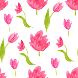 A watercolor seamless pattern with pink tulips and green leaves. Spring print on a white isolated background. Design for wallpaper, wrapping paper, packaging, textiles, cards,wedding.