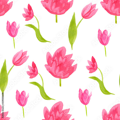 A watercolor seamless pattern with pink tulips and green leaves. Spring print on a white isolated background. Design for wallpaper  wrapping paper  packaging  textiles  cards wedding.