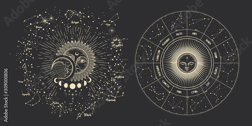 Vector illustration set of moon phases. Different stages of moonlight activity in vintage engraving style. Zodiac Signs