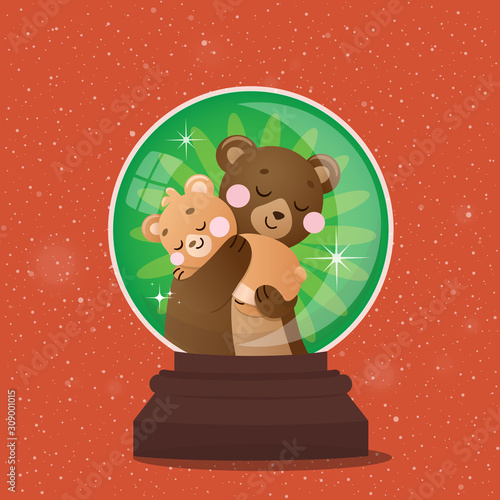 Christmas holiday bowl with mom and baby bears on red background