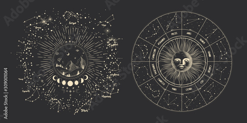 Vector illustration set of moon phases. Different stages of moonlight activity in vintage engraving style. Zodiac Signs