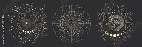 Vector illustration set of moon phases. Different stages of moonlight activity in vintage engraving style. Zodiac Signs