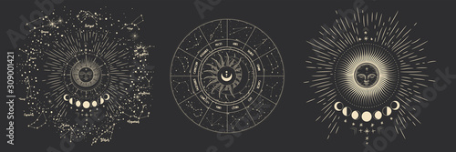 Vector illustration set of moon phases. Different stages of moonlight activity in vintage engraving style. Zodiac Signs