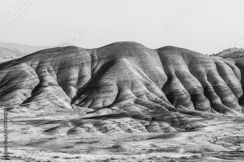 Black and white photograph of one of the wavy hills in Painted Hills