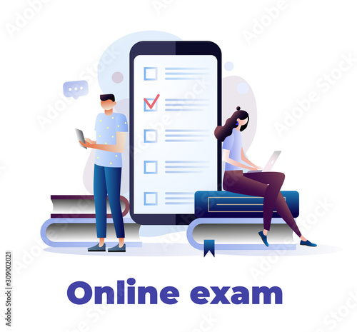 Students characters studying, thinking, writing university exam. School homework reading a test. Online exam, questionnaire form, online education, learning, survey, internet quiz. Vector illustration