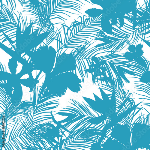 Floral seamless  pattern with bright tropical leaves and exotic flowers. Pattern can be used for wallpaper and textile, pattern fills, web page background, surface textures.