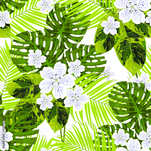 Floral seamless  pattern with bright tropical leaves and exotic flowers. Pattern can be used for wallpaper and textile, pattern fills, web page background, surface textures.