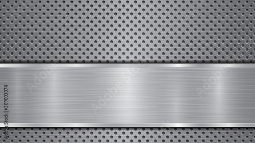 Background in gray colors, consisting of a metallic perforated surface with holes and a polished plate with metal texture, glares and shiny edges