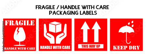 Fragile or Package Label stickers set. (Fragile, Handle with Care, This Way Up, Keep Dry). Red and White color set. Square format.