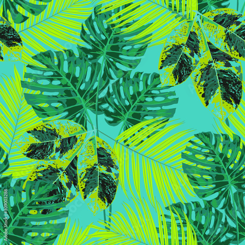 Floral seamless  pattern with bright tropical leaves and exotic flowers. Pattern can be used for wallpaper and textile, pattern fills, web page background, surface textures.