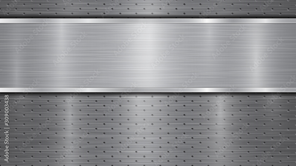 Obraz premium Background in gray colors, consisting of a metallic perforated surface with holes and a polished plate with metal texture, glares and shiny edges
