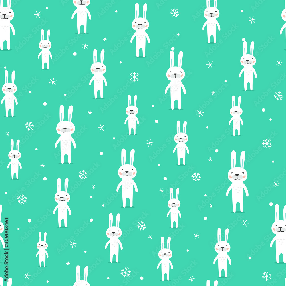 Winter holidays seamless background with rabbit. Wrapping paper vector design