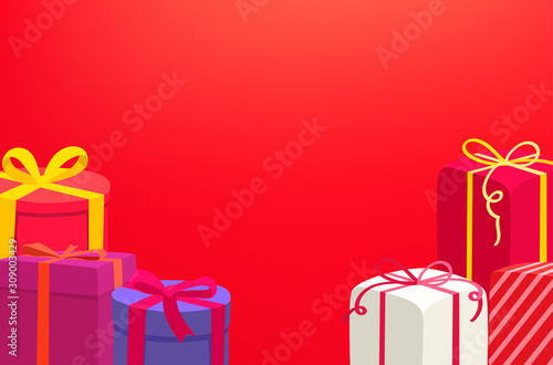 Gift boxes on red background. Template for a text © tovovan