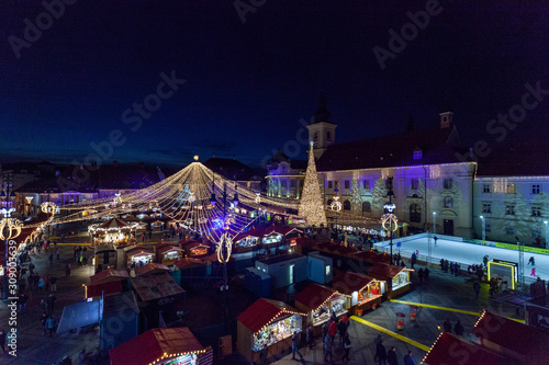 Sibiu Christmas Market night aerial