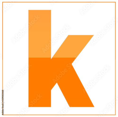 The letter k,  made light orange and dark orange, half-and-half. Same colors turn upside down and used in frame. On white background