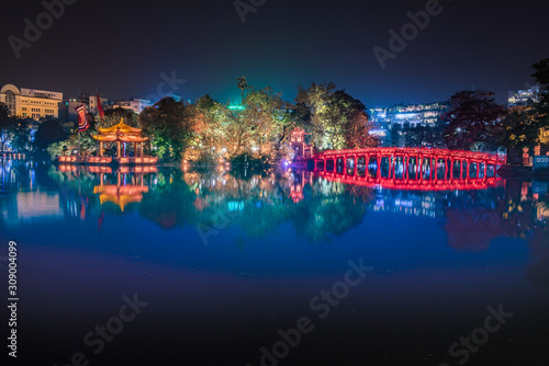 Red bridge in Hoan Kiem lake, Ha Noi, Vietnam, landmark, traveling, scenery.