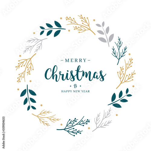 Merry Christmas greeting text branch wreath circle on white isolated background