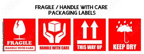 Fragile or Package Label stickers set. (Fragile, Handle with Care, This Way Up, Keep Dry). Red and White color set. Square format.