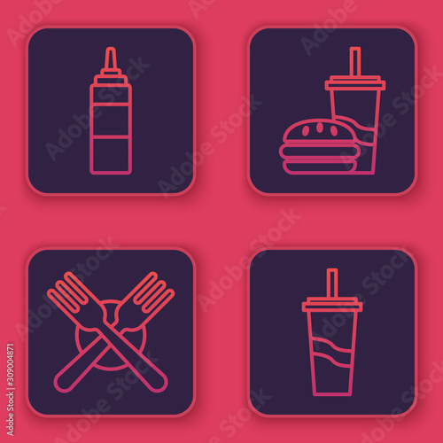 Set line Sauce bottle, Crossed fork, Paper glass with drinking straw and burger and Paper glass with drinking straw and water. Blue square button. Vector