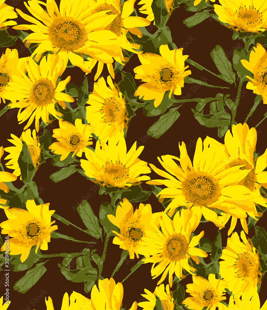 Seamless background with sunflowers on dark background