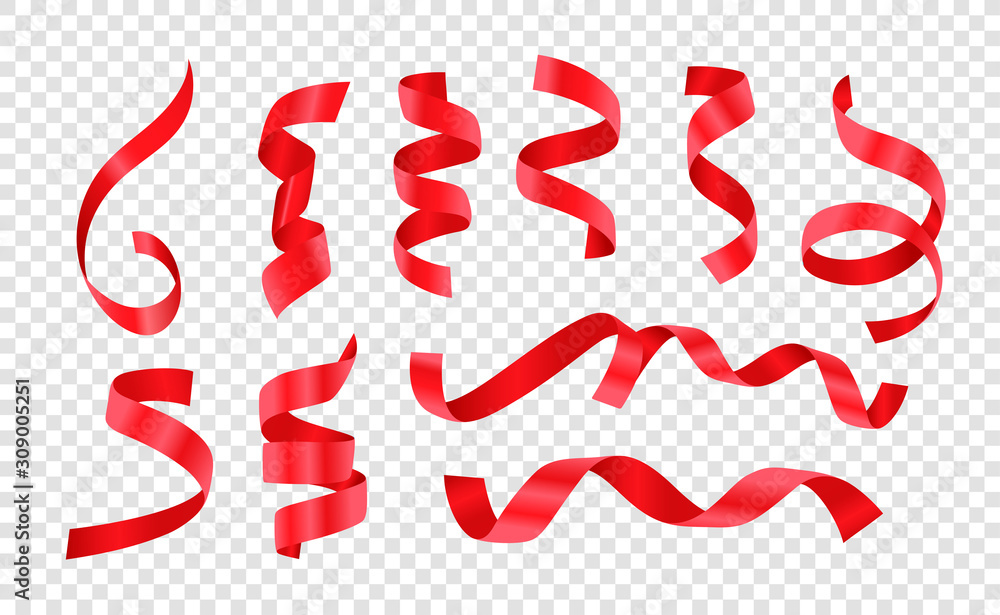 Different curled red satin ribbons vector set isolated on transparent background Different curled red satin ribbons vector set isolated on transparent background