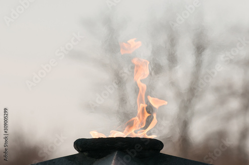 Eternal flame burns. Monument to the fallen soldiers close-up. photo