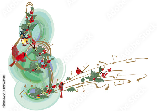 Winter music. Abstract treble clef decorated with snowflakes and notes, holly and birds. Vector illustration.