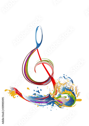 Abstract musical design with a treble clef and colorful splashes and waves. Hand drawn vector illustration.