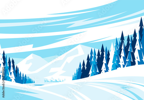 Vector illustration of a winter landscape a mountainous area, snowy slope with a village in the valley