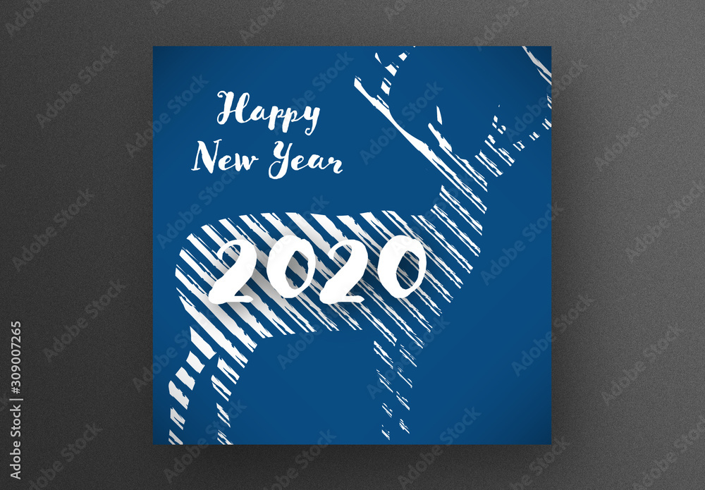 Happy New Year Card Layout with Deer Shape and Blue Accent Stock ...