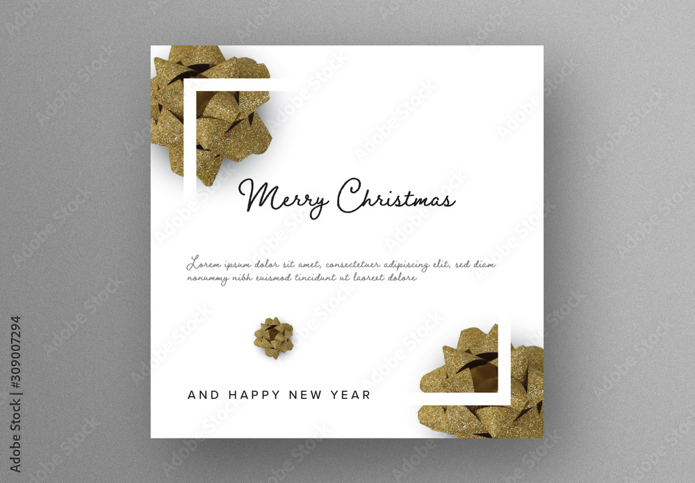 Elegant Christmas Card Layout with Gold Bows and White Frame Stock ...