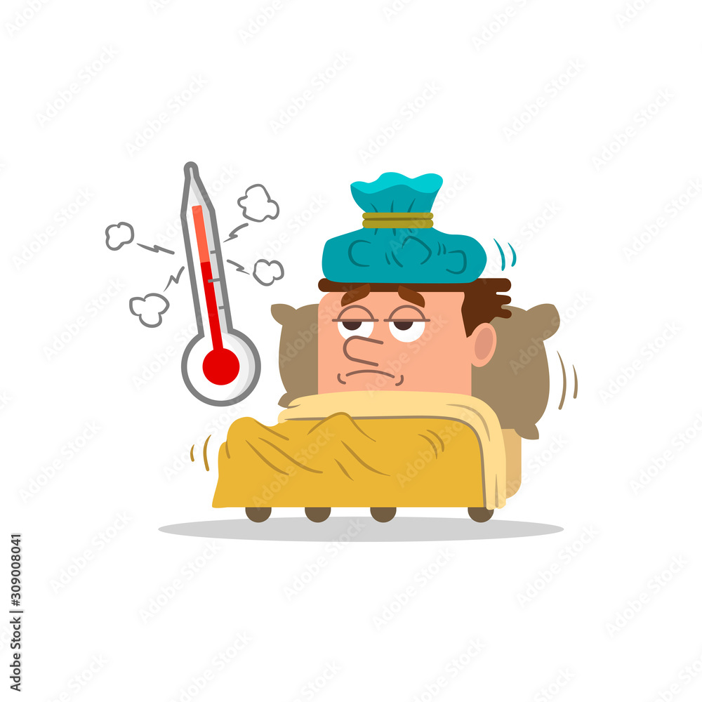 Sick person in bed with an ice pack on his head and a thermometer. Flu  sickness. Sick person having cold. Ill man headache. Flu illness person.  Cartoon vector flat illustration. Stock Vector |