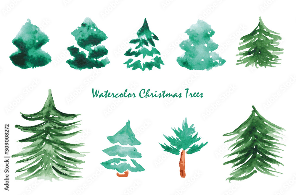 Obraz premium Watercolor set of Christmas Trees. Hand painted illustration