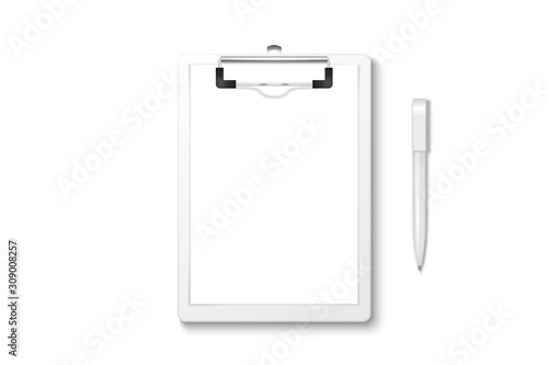 Vector 3d Realistic White Clipboard with Blank Paper, Metal Clip, Automatic Pen Set Closeup Isolated on White Background. Design Template for Notes, Mockup, Checklist, Questionnaire, Reminders