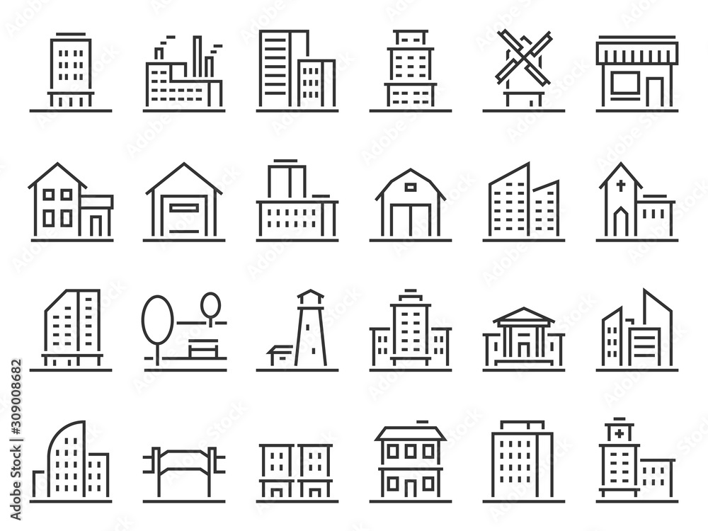 Line buildings icons. City building, hotel and store icon. Warehouse, industrial building and church. Line architecture buildings, apartment silhouette. Isolated vector icons set