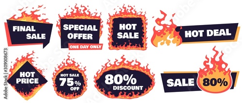 Hot sale badges. Fire deal banner, hot price badge and promotion offer flaming label frame. Store sale symbols, shopping price flyer or retail specials burn prices. Isolated vector signs set