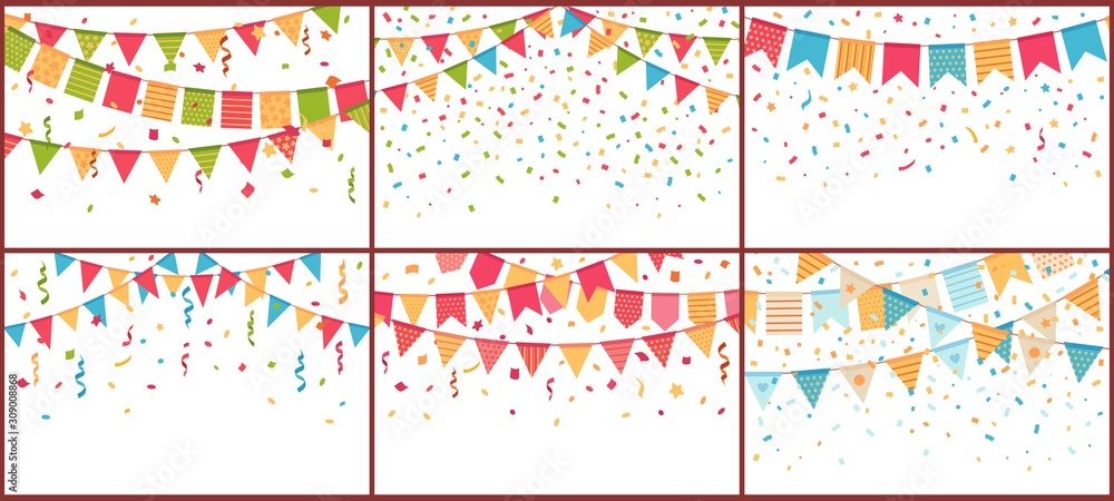 Birthday party bunting and confetti. Color paper streamers, confettis  explosion and buntings flags. Festival celebration flag, decorative  bunting. Isolated cartoon vector background set Stock Vector | Adobe Stock