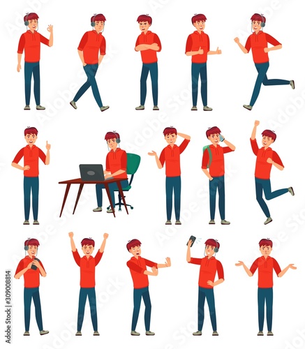 Cartoon male teenager character. Teenage boy in different poses and actions. Student man action poses, guy characters gesture or male person sign. Isolated vector illustration icons set