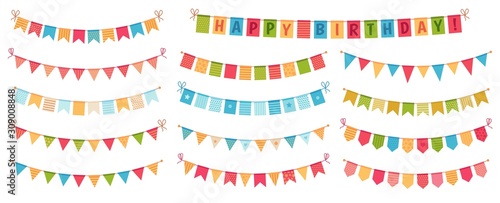 Party bunting. Color paper triangular flags collected and draped in garlands, happy birthday buntings. Party celebration bunting, fabric festive flag. Cartoon isolated vector icons set