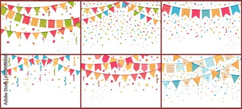 Birthday party bunting and confetti. Color paper streamers, confettis explosion and buntings flags. Festival celebration flag, decorative bunting. Isolated cartoon vector background set